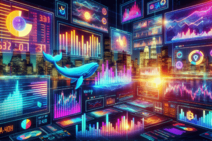 Ambiente digital futurista de análise de criptomoedas com gráficos coloridos e investidores animados.