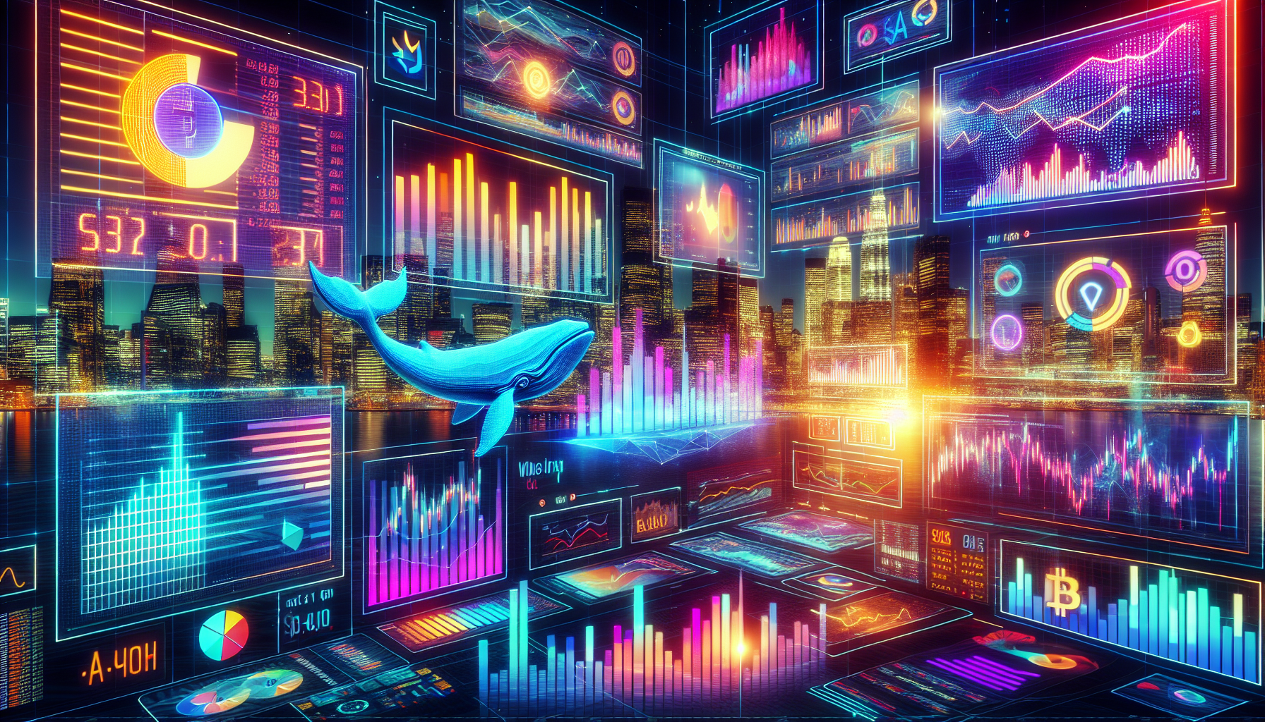 Ambiente digital futurista de análise de criptomoedas com gráficos coloridos e investidores animados.