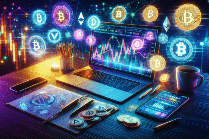 Espaço de trabalho digital moderno com laptop, gráficos de criptomoedas e ícones flutuantes coloridos.