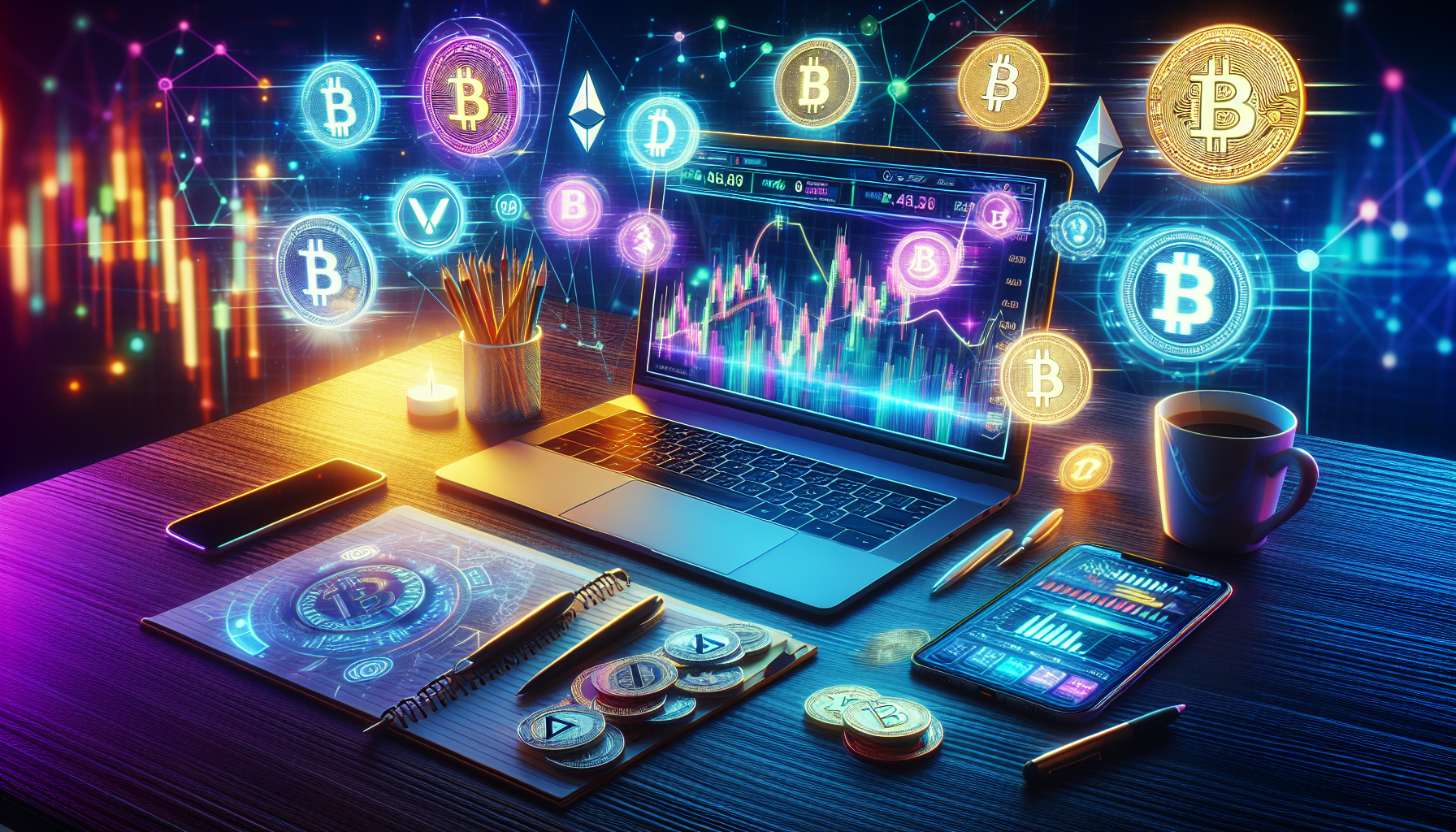 Espaço de trabalho digital moderno com laptop, gráficos de criptomoedas e ícones flutuantes coloridos.