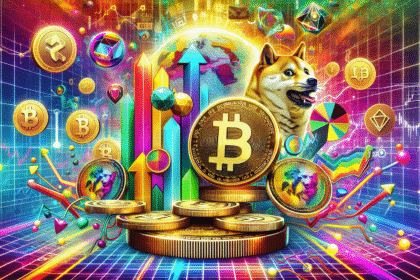 Imagem vibrante com Dogecoin, memes, símbolos de criptomoedas e gráficos de tendências de alta.