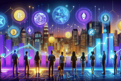 Futuristic cidade iluminada por neon, com gráficos e pessoas interagindo com criptomoedas holográficas.