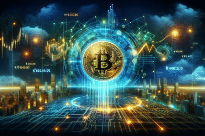 Imagem de um símbolo de Bitcoin brilhante em um paisagem digital vibrante, com cidade futurista ao fundo.