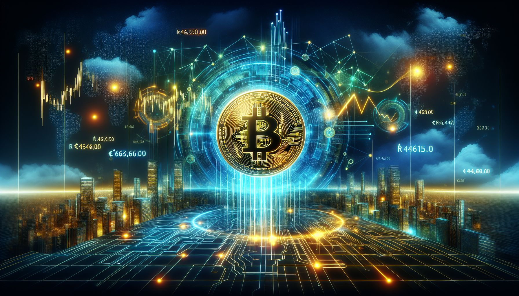 Imagem de um símbolo de Bitcoin brilhante em um paisagem digital vibrante, com cidade futurista ao fundo.