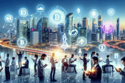 Cenário futurista de uma metrópole brasileira com pessoas discutindo criptomoedas e dispositivos digitais.