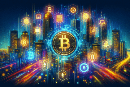 Cidade futurista iluminada por néons, com o logo da Binance e ícones de criptomoedas.