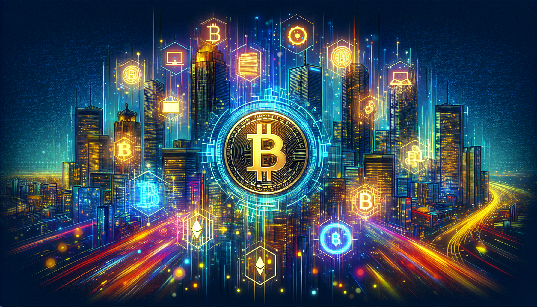 Cidade futurista iluminada por néons, com o logo da Binance e ícones de criptomoedas.