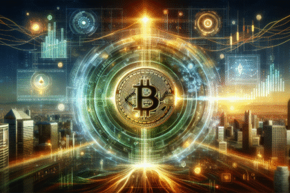 Logo do Bitcoin Cash iluminado em primeiro plano, cercado por dados digitais e skyline futurista.