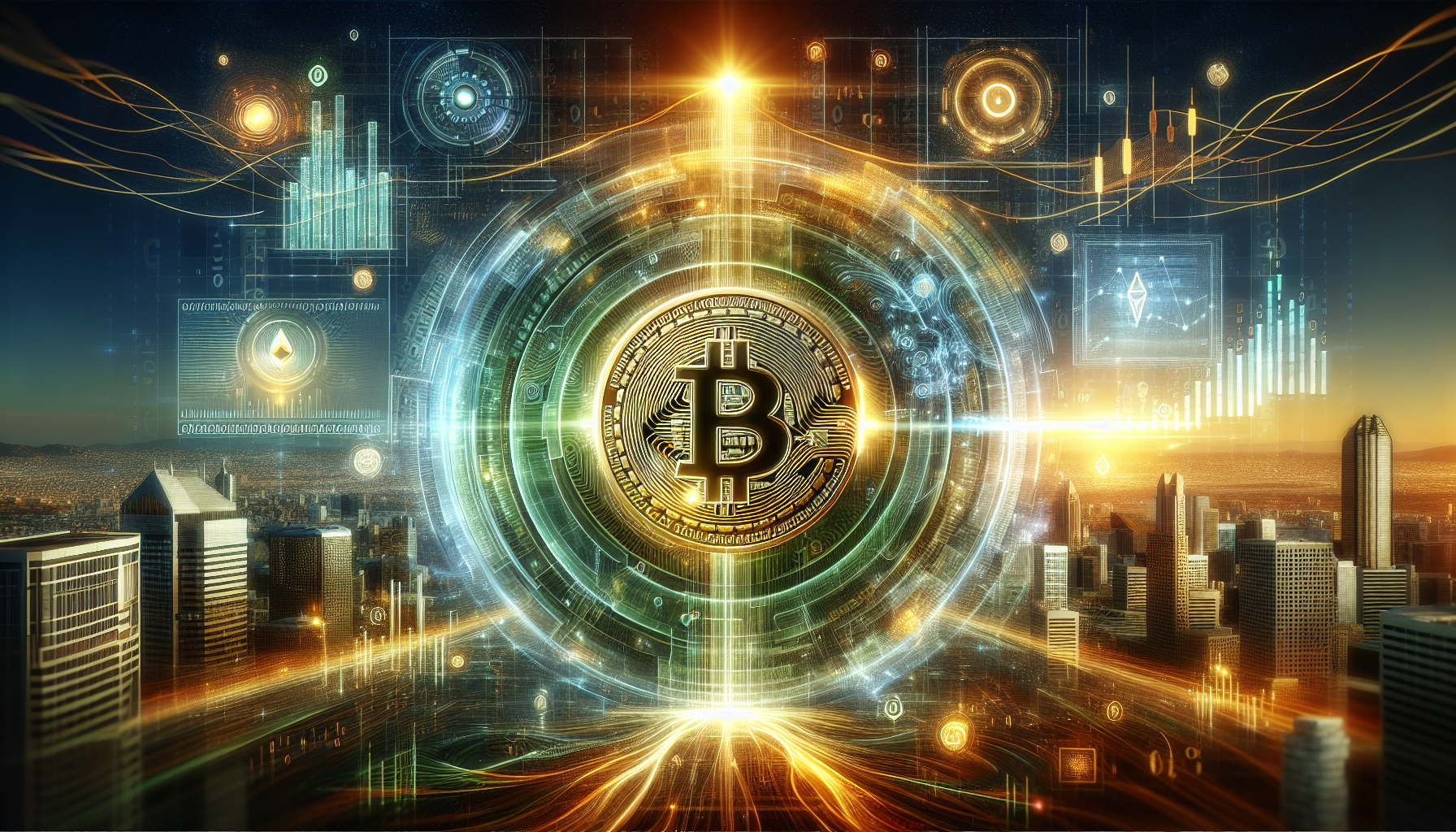 Logo do Bitcoin Cash iluminado em primeiro plano, cercado por dados digitais e skyline futurista.