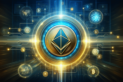 Imagem do LEO Token com design moderno, símbolo central, elementos de blockchain e cores vibrantes.