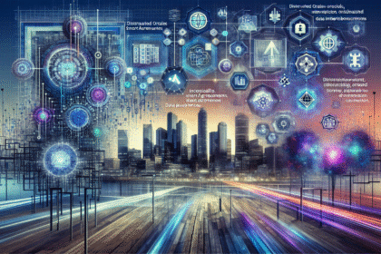 Cidade futurista com redes digitais interconectadas, oráculos descentralizados e contratos inteligentes vibrantes.