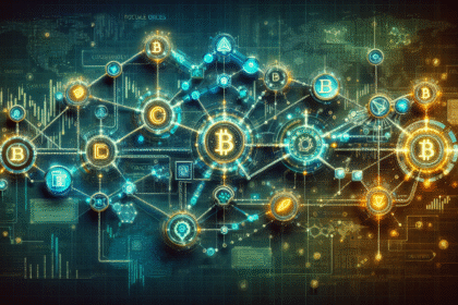 Imagem de uma rede blockchain moderna com cadeias interconectadas, oráculos e elementos financeiros tradicionais.