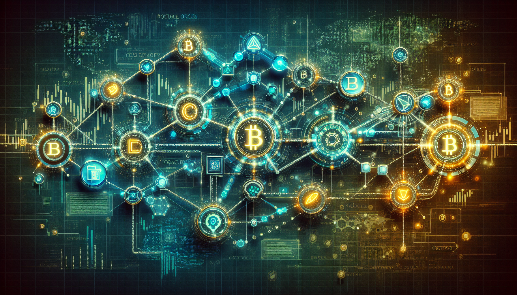 Imagem de uma rede blockchain moderna com cadeias interconectadas, oráculos e elementos financeiros tradicionais.