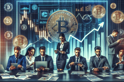 Grupo diverso de profissionais analisando dados financeiros em um escritório moderno, com gráficos de Bitcoin ao fundo.