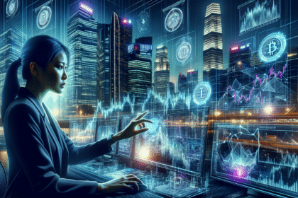 Trader confiante analisa gráficos em uma cidade futurista iluminada por neon, simbolizando criptomoedas.