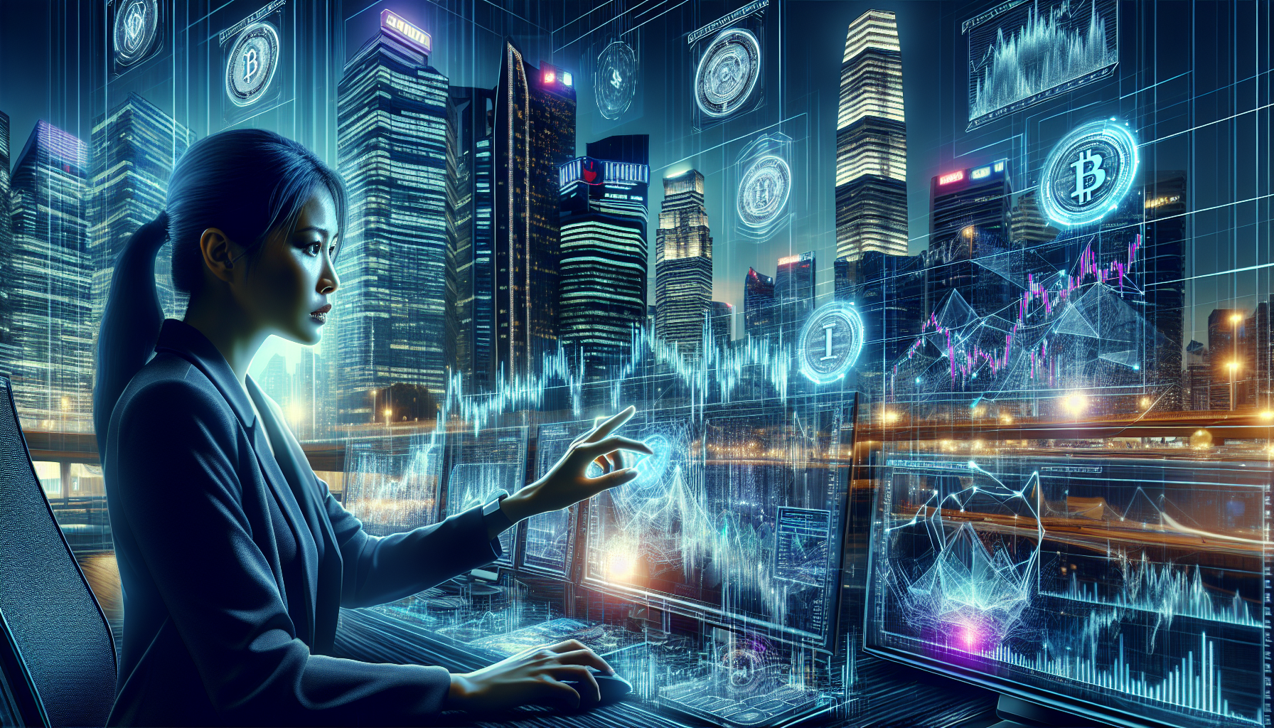 Trader confiante analisa gráficos em uma cidade futurista iluminada por neon, simbolizando criptomoedas.