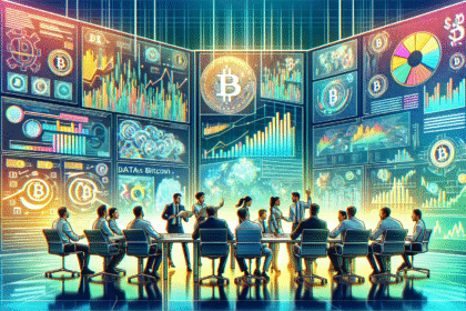 Grupo diversificado de profissionais discute estratégias em um escritório moderno, cercado por gráficos de Bitcoin.