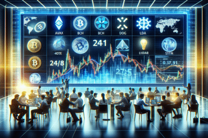 Ambiente de negociação digital vibrante com símbolos de altcoins e traders em ação.