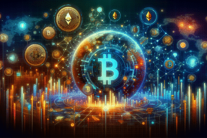 Imagem futurística de transações de criptomoedas com Bitcoin, Ethereum e ativos digitais.