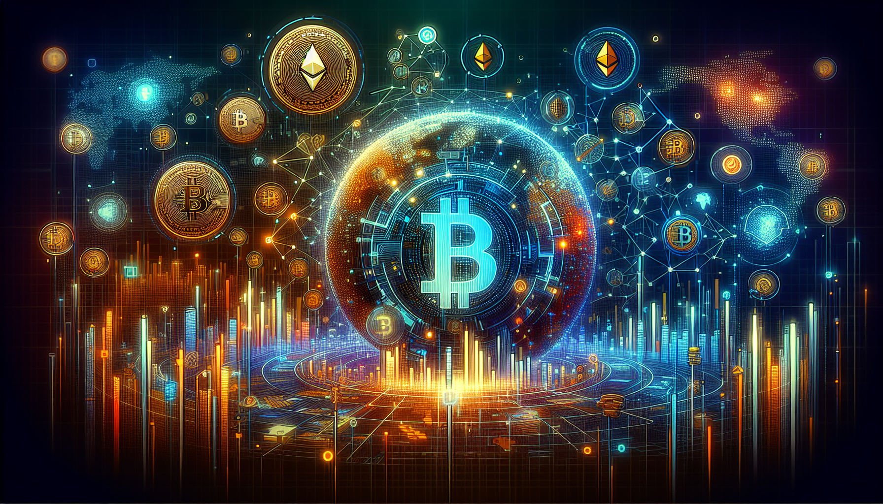 Imagem futurística de transações de criptomoedas com Bitcoin, Ethereum e ativos digitais.