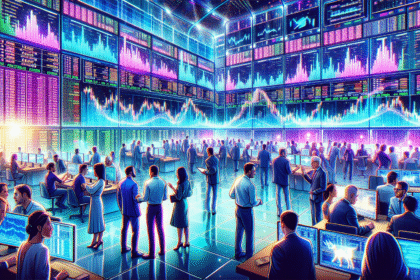 Futuristic trading floor with diverse traders, digital screens displaying cryptocurrency data.