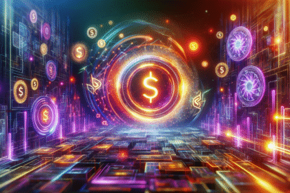 Futuristic Solana DEX marketplace with vibrant colors, digital currency symbols, graphs.