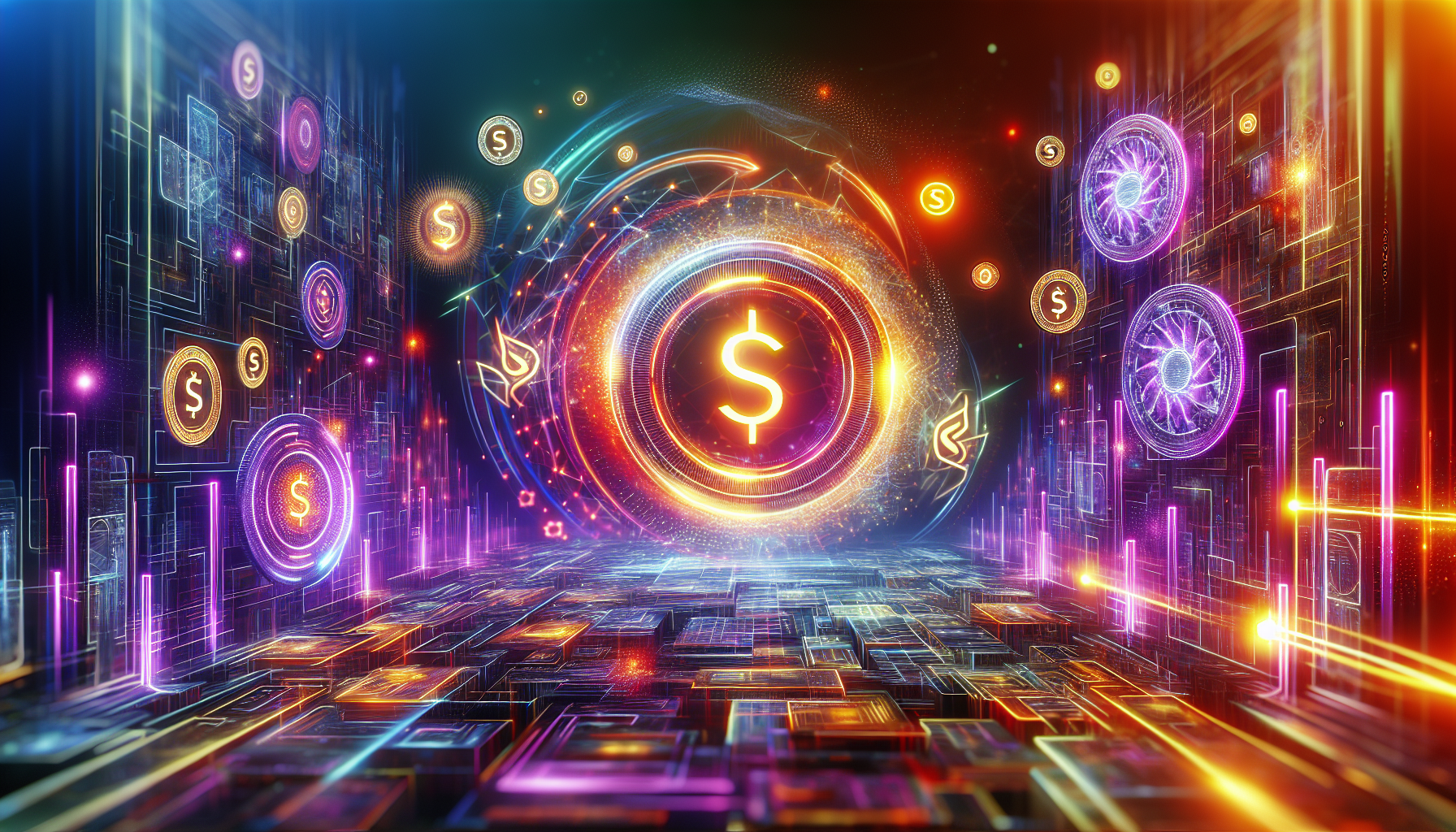 Futuristic Solana DEX marketplace with vibrant colors, digital currency symbols, graphs.