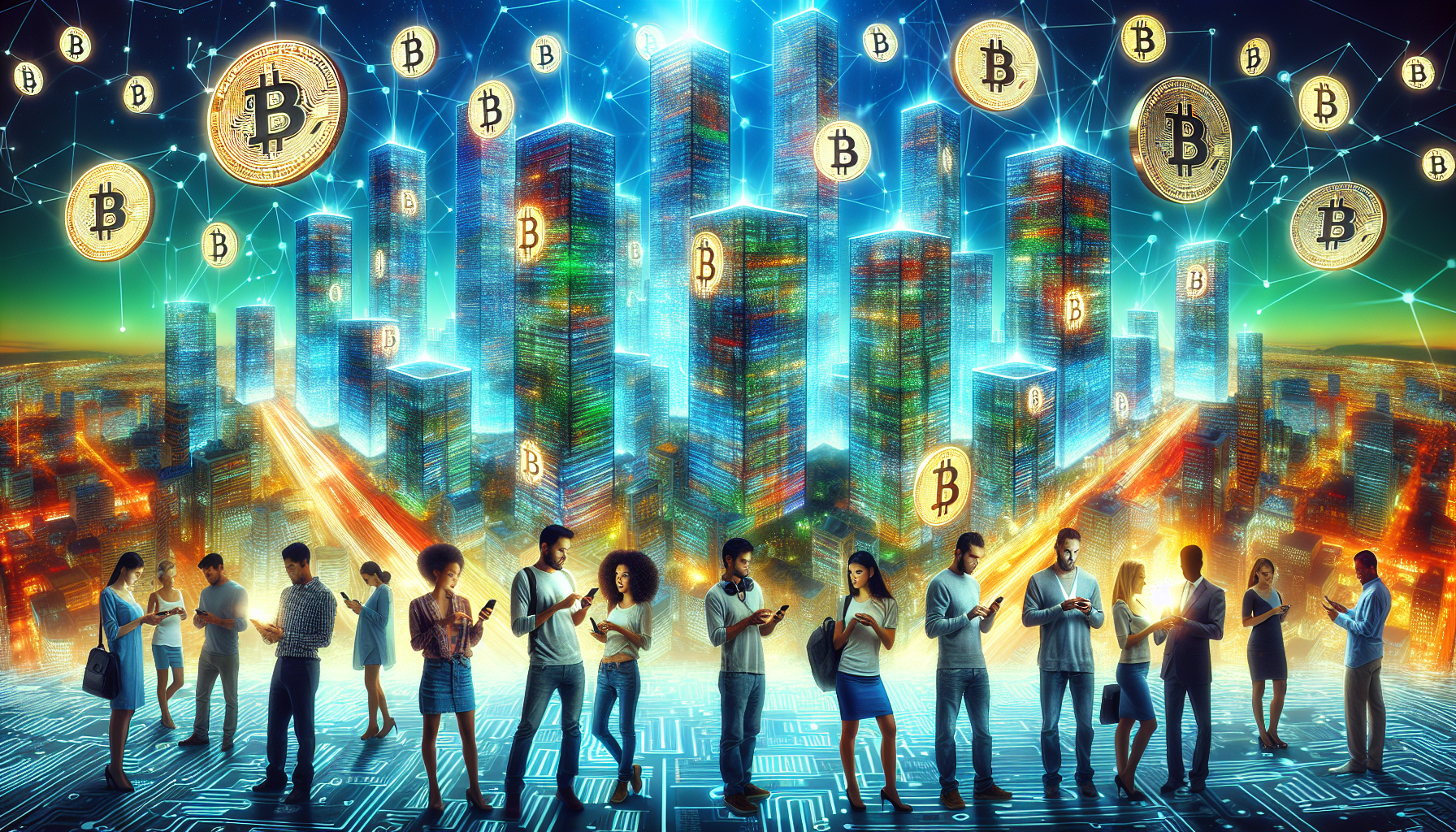 Futuristic digital cityscape with Bitcoin skyscrapers, diverse people using smartphones for transactions.