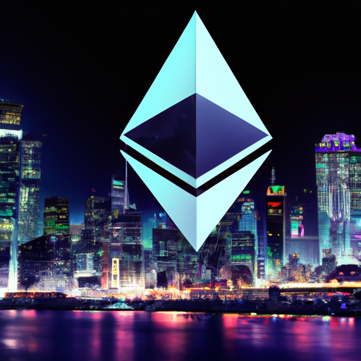 Futuristic cityscape with vibrant colors, glowing data streams, and Ethereum logo integrated in architecture.