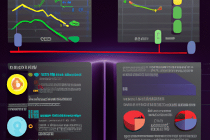 Infográfico com análise técnica de Bitcoin e Ethereum, incluindo gráficos de preços e indicadores.