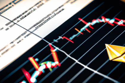 Gráfico detalhado de análise técnica de Bitcoin e Ethereum com indicadores e trader analisando.