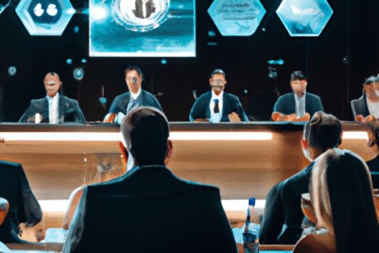 Conferência financeira no Brasil com palestrantes sobre regulamentação de criptomoedas e tecnologia blockchain.