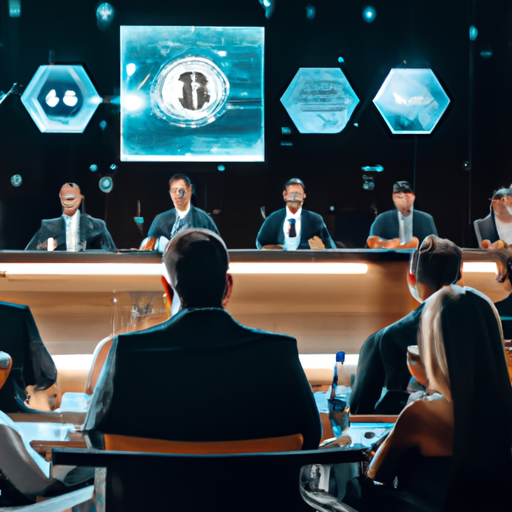 Conferência financeira no Brasil com palestrantes sobre regulamentação de criptomoedas e tecnologia blockchain.