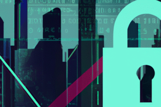 Ilustração de violações de cibersegurança, com um cadeado digital e dados de usuários comprometidos.