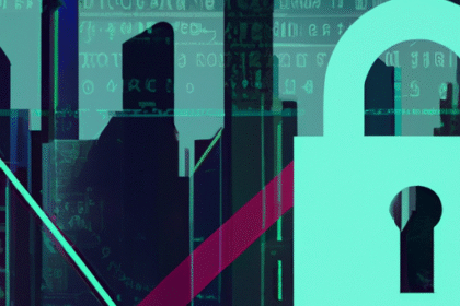 Ilustração de violações de cibersegurança, com um cadeado digital e dados de usuários comprometidos.