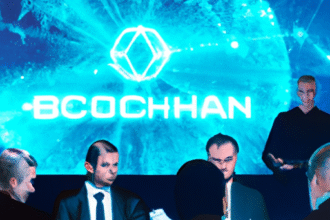 Conferência moderna com especialistas debatendo blockchain e energia nuclear, gráficos futuristas ao fundo.