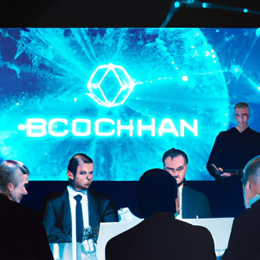 Conferência moderna com especialistas debatendo blockchain e energia nuclear, gráficos futuristas ao fundo.