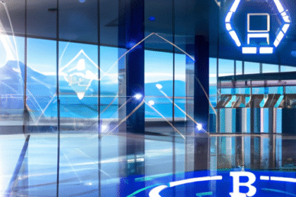 Ambiente bancário moderno com interface digital, destacando tecnologia blockchain em banco suíço futurista.