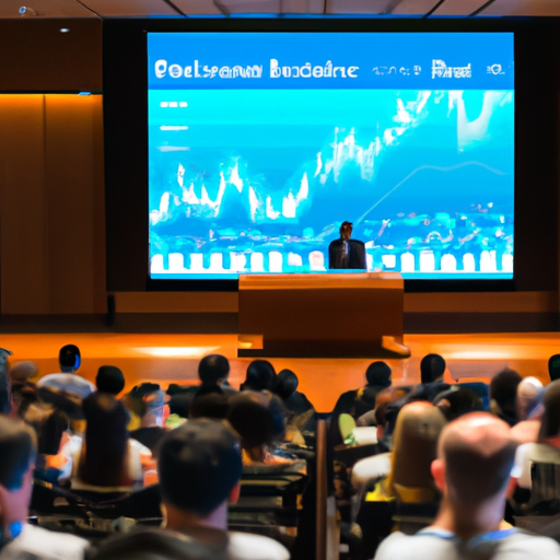 Conferência profissional com palestrante sobre criptomoedas, gráficos financeiros e público atento.