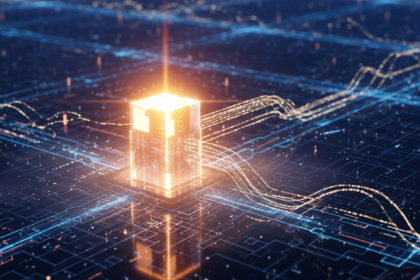 Abstracto farol digital central, emitindo um intenso brilho dourado-alaranjado em espaço intrincado.