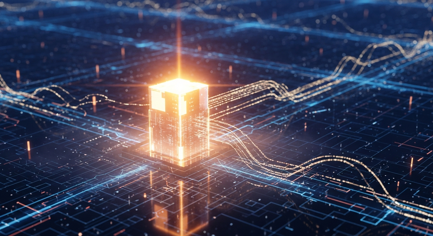 Abstracto farol digital central, emitindo um intenso brilho dourado-alaranjado em espaço intrincado.