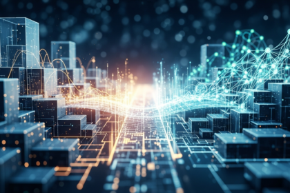 Paisagem financeira abstrata e futurista com ponte digital conectando mercados tradicionais e emergentes.