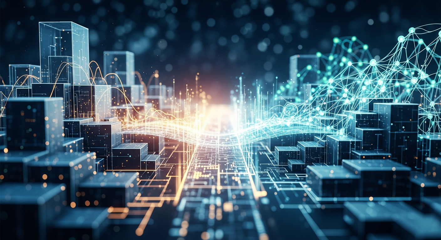 Paisagem financeira abstrata e futurista com ponte digital conectando mercados tradicionais e emergentes.