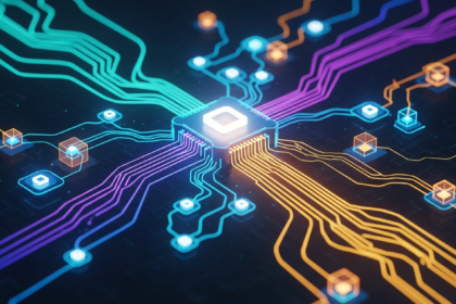 Rede abstrata de nós geométricos brilhantes e linhas interconectadas, representando governança DeFi.