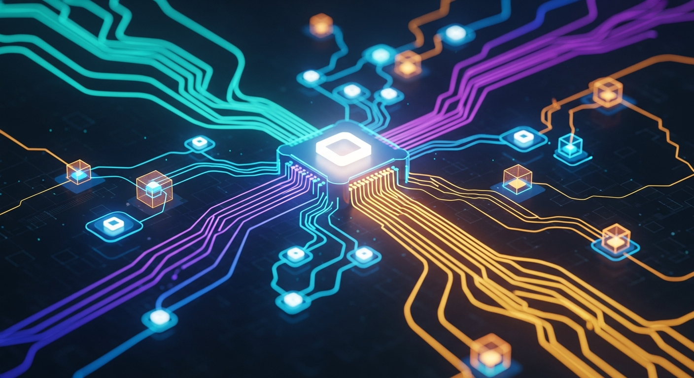 Rede abstrata de nós geométricos brilhantes e linhas interconectadas, representando governança DeFi.