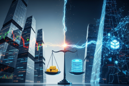 Imagem hero dividida: finanças tradicionais e ativos digitais descentralizados em tensão dinâmica.