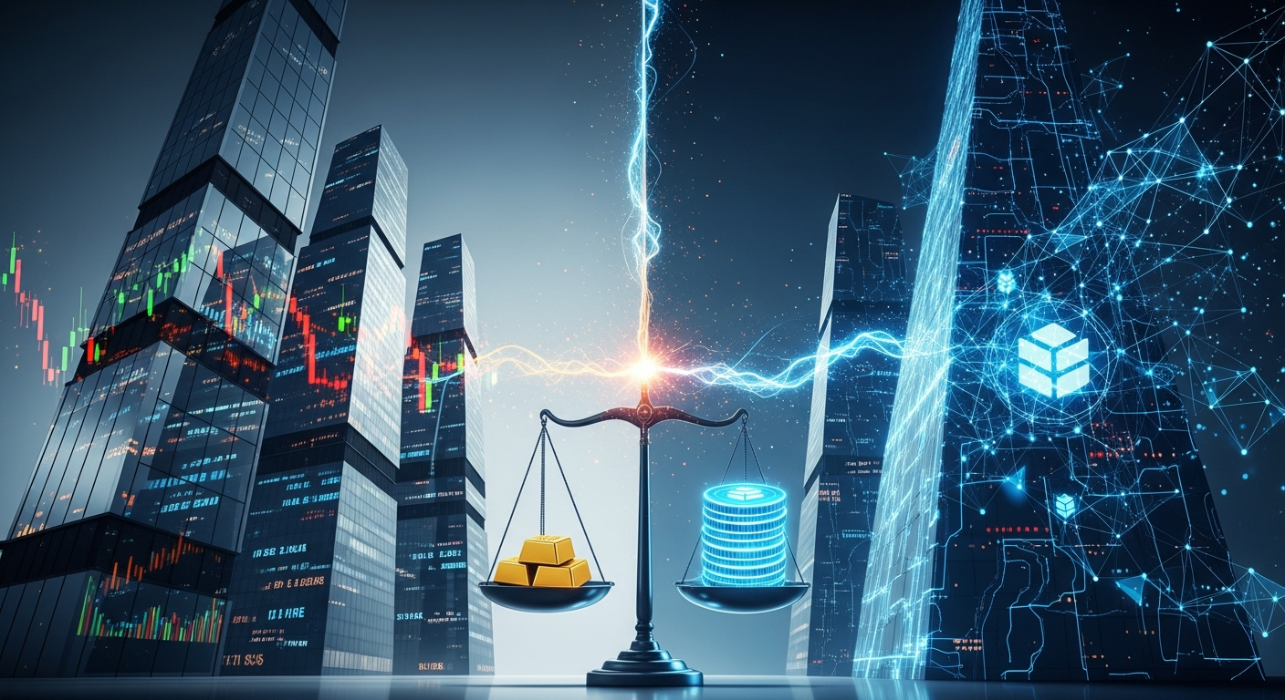 Imagem hero dividida: finanças tradicionais e ativos digitais descentralizados em tensão dinâmica.