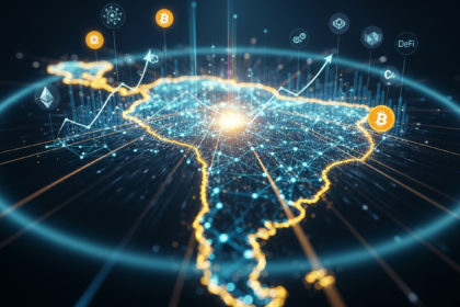 Representação abstrata e dinâmica da expansão da criptomoeda na América Latina, com um campo de energia brilhante.