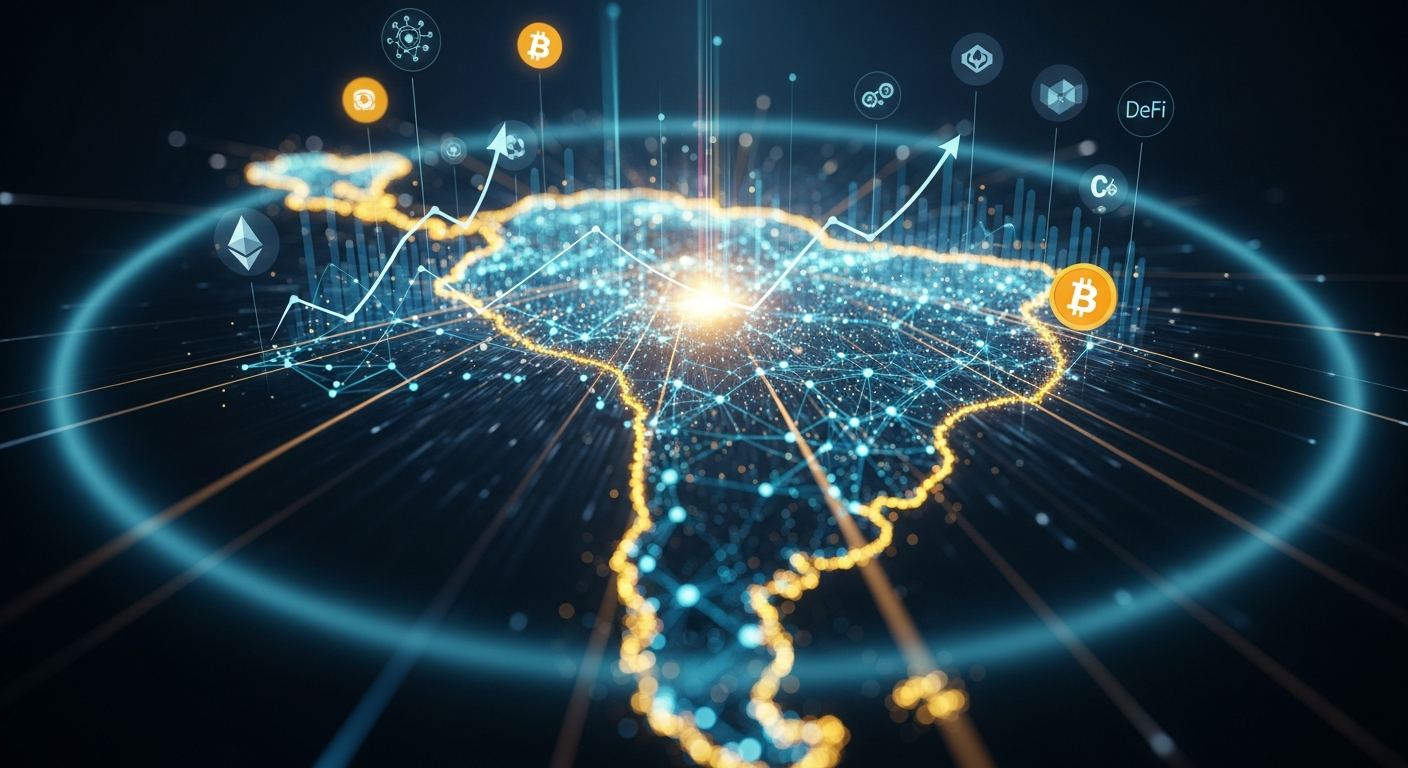 Representação abstrata e dinâmica da expansão da criptomoeda na América Latina, com um campo de energia brilhante.
