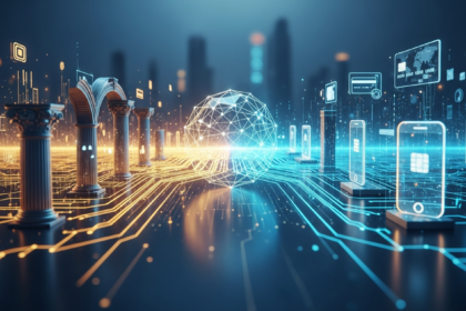 Visual abstrato de alta tecnologia com elementos geométricos metálicos convergindo bancos e pagamentos digitais.